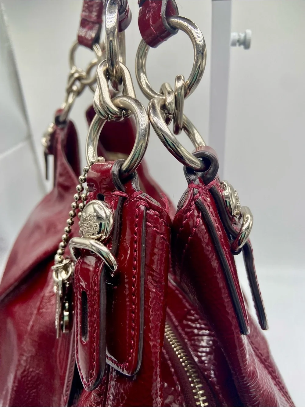 Coach Mia 15734 Burgundy Red Patent Leather Shoulder Bag Hobo Silver Hardware